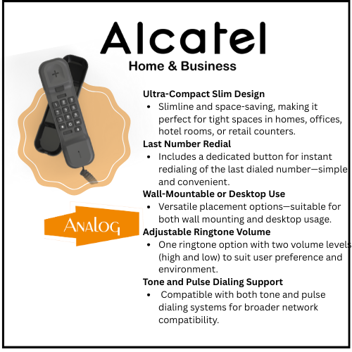 Alcatel T06 Ultra Compact Wall Mount Corded Landline Phone Black (Pack Of 2)