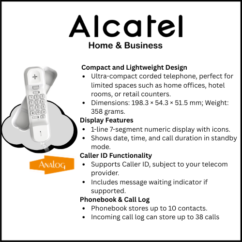 Alcatel T16 Ultra Compact Corded Landline Phone with Caller ID Wall Mounted White (Pack Of 5)