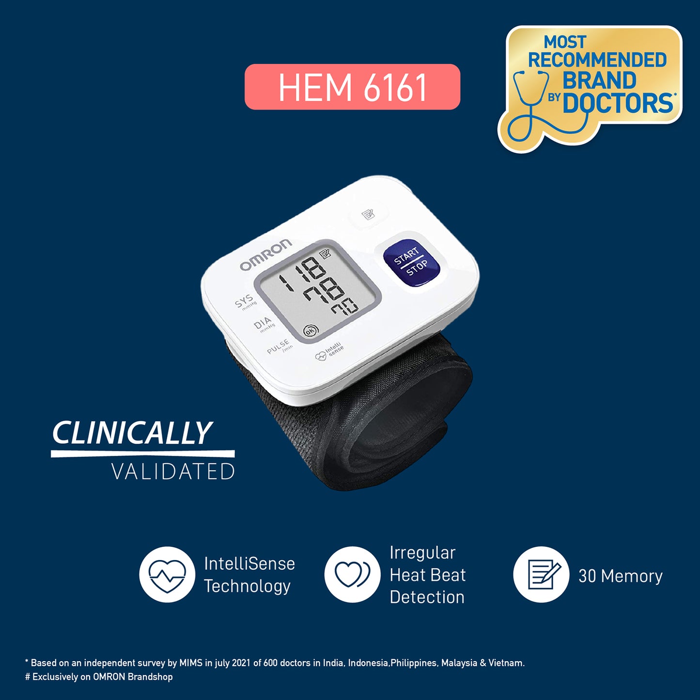 Omron HEM 6161 Wrist BP Monitor with 30 Memory & Storage Case