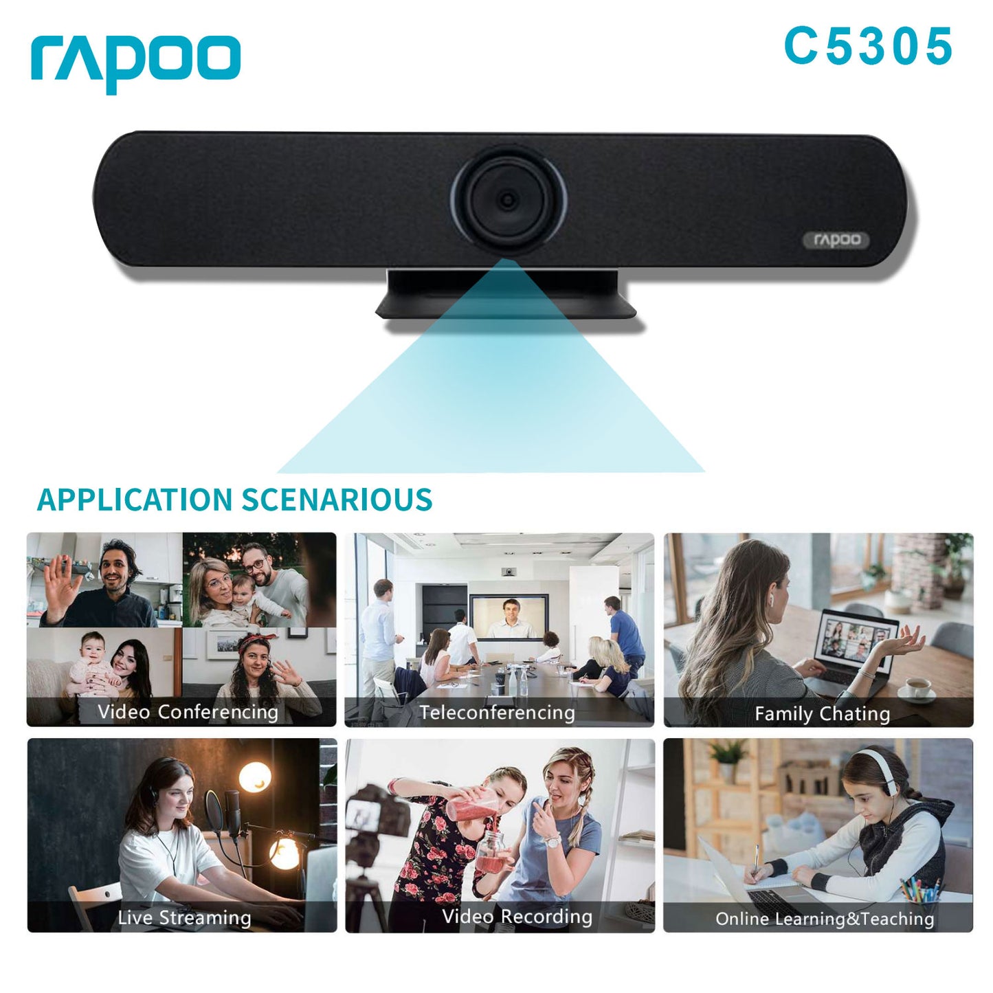 Rapoo C5305 Ultra 4K HD All-In-One USB Video Conference Webcam Full frequency Hi-Fi loudspeaker, support HDMI 1.4b, USB3.0 for Zoom/Skype/Teams, Conferencing and Video Calls