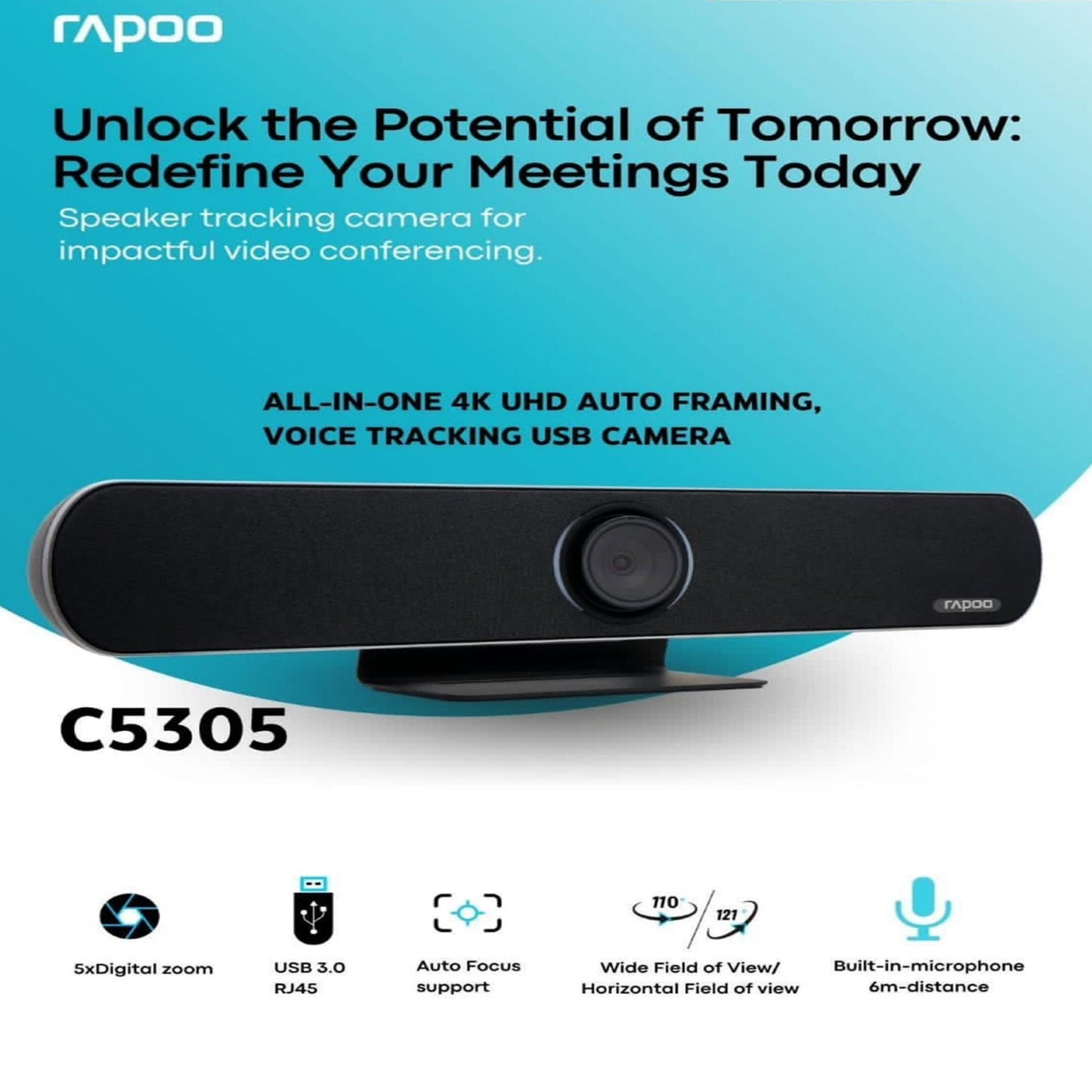 Rapoo C5305 Ultra 4K HD All-In-One USB Video Conference Webcam Full frequency Hi-Fi loudspeaker, support HDMI 1.4b, USB3.0 for Zoom/Skype/Teams, Conferencing and Video Calls