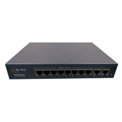 AirPro AP-ES108P-2GE 10-Ports PoE Switch with 8 PoE 10/100M Ports and 2 Uplink 1000M